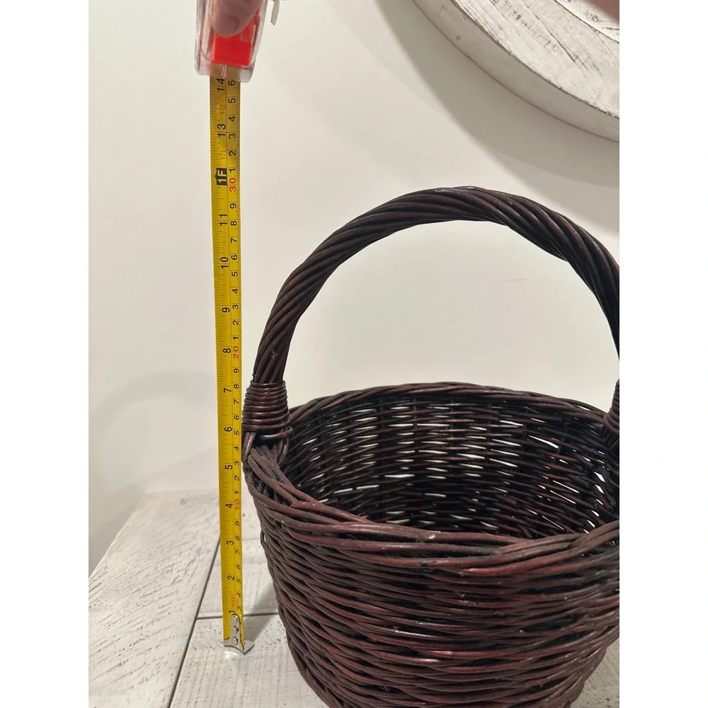 Dark Brown Woven Wicker Basket with Twisted Handle Round Decorative Storage